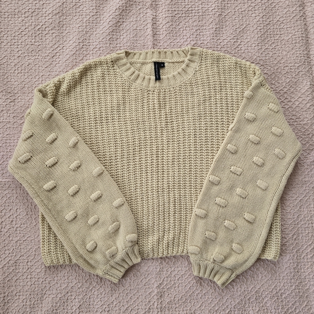 Moon&Madison Women's Chunky Knit Crop Long Balloon Sleeve Beige Cream Sweater M